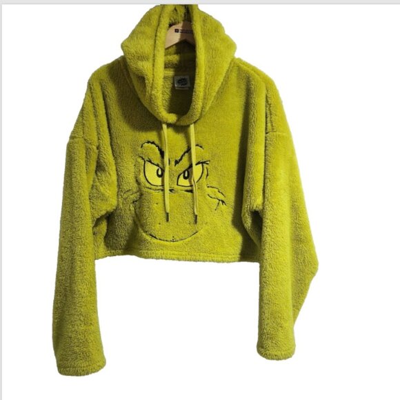 The Grinch Fleece Hoodie Crop Top Dr Seuss Size XL Green Big Grinch Face - Picture 1 of 13